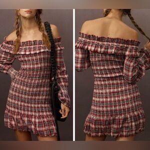 Anthropologie Plaid Off-Shoulder Mini Dress
